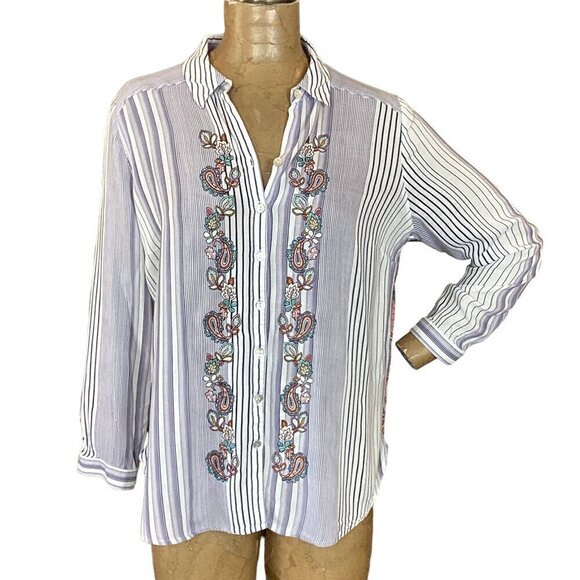 Chico's Striped Medallion Tunic Sz 2P (12/14P) Mixed Media Embroidered 294C - Picture 4 of 11